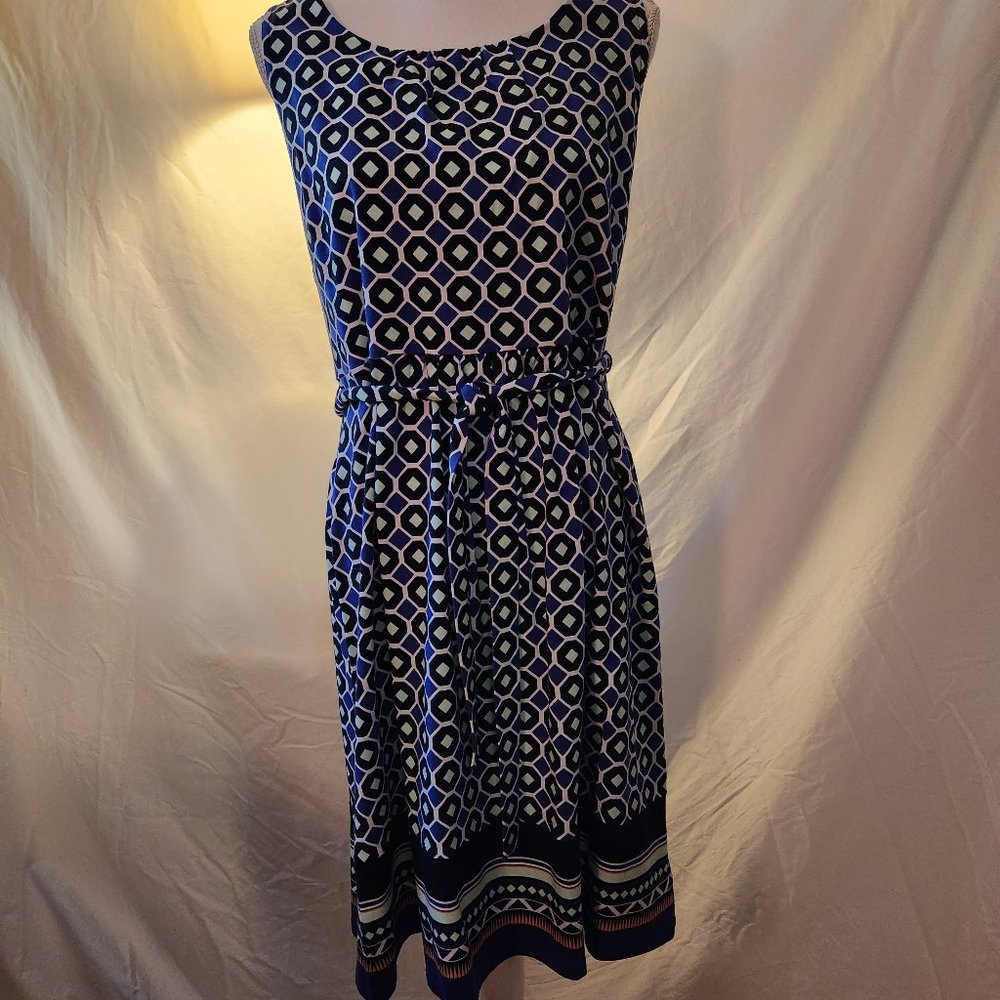 Talbots NWOT blue & white geometric pattern fit & flare dress, size XL